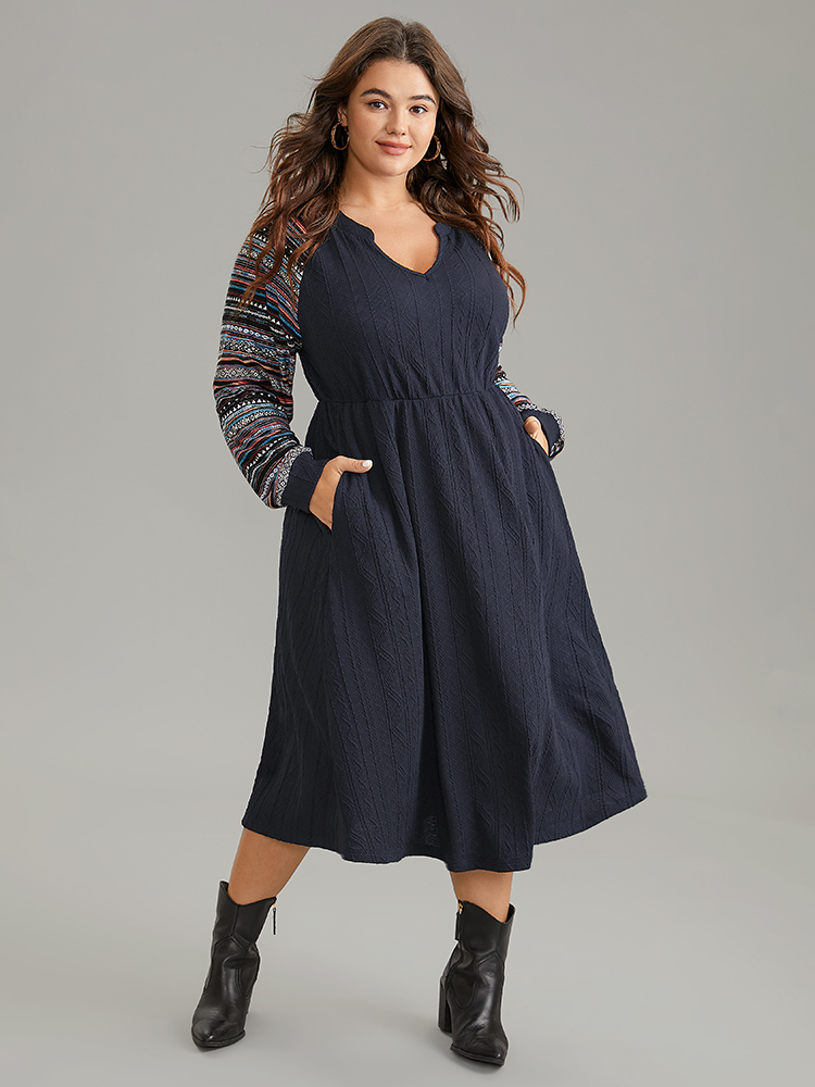 

Plus Size Bandana Patchwork Elastic Waist Notched Dress Navy Women Casual Printed Notched collar Long Sleeve Curvy Midi Dress BloomChic