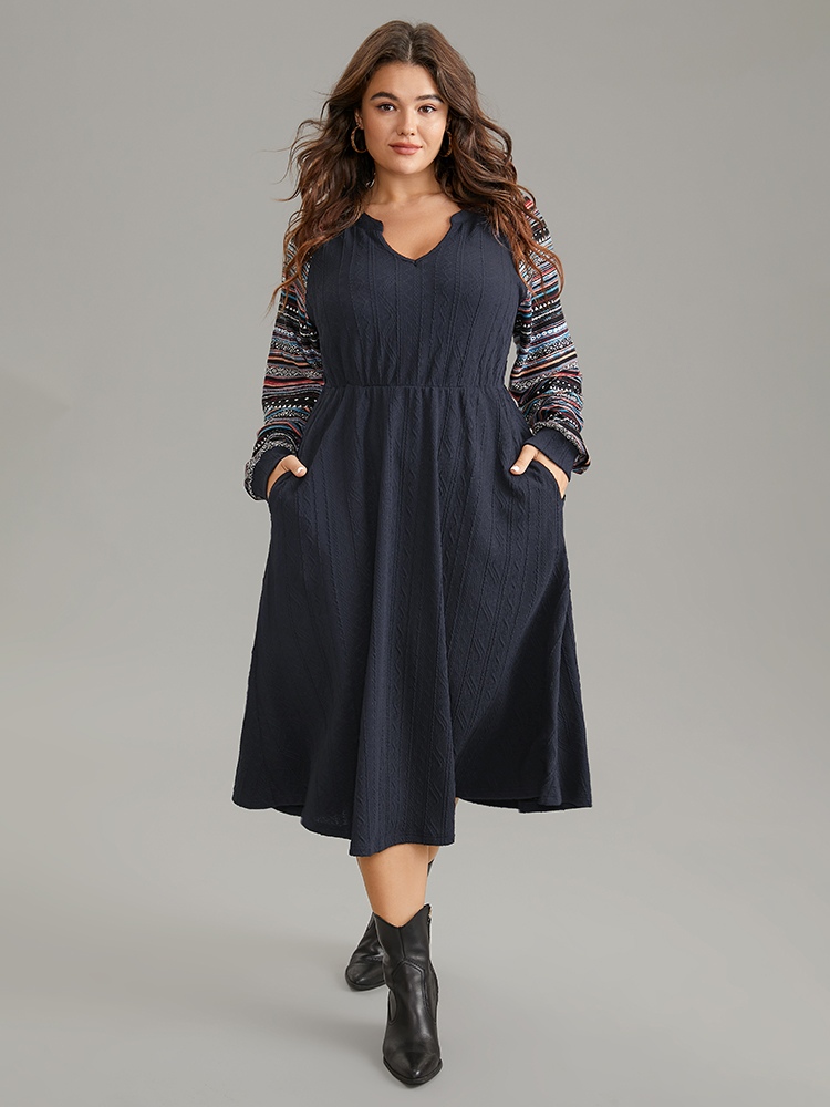 Plus Size Bandana Patchwork Elastic Waist Notched Dress Navy Women Casual Printed Notched collar Long Sleeve Curvy Midi Dress BloomChic 12/L 