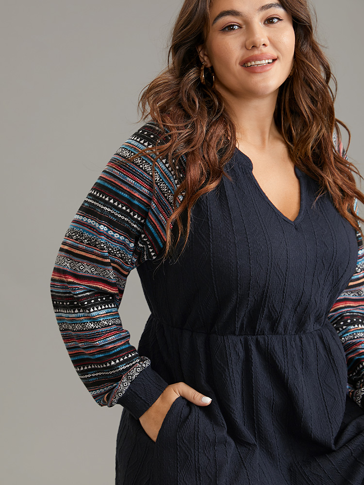 Plus Size Bandana Patchwork Elastic Waist Notched Dress Navy Women Casual Printed Notched collar Long Sleeve Curvy Midi Dress BloomChic 12/L 