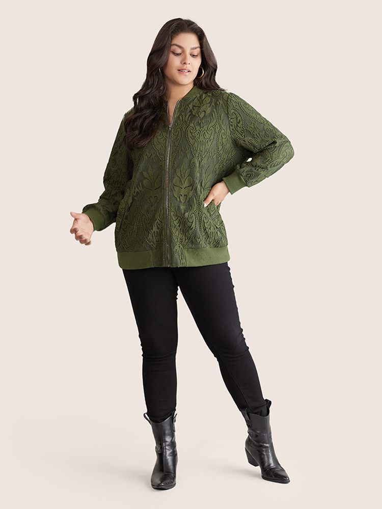 

Plus Size Silhouette Floral Print Zipper Lace Panel Jacket Women ArmyGreen Elastic cuffs Pocket Everyday Jackets BloomChic