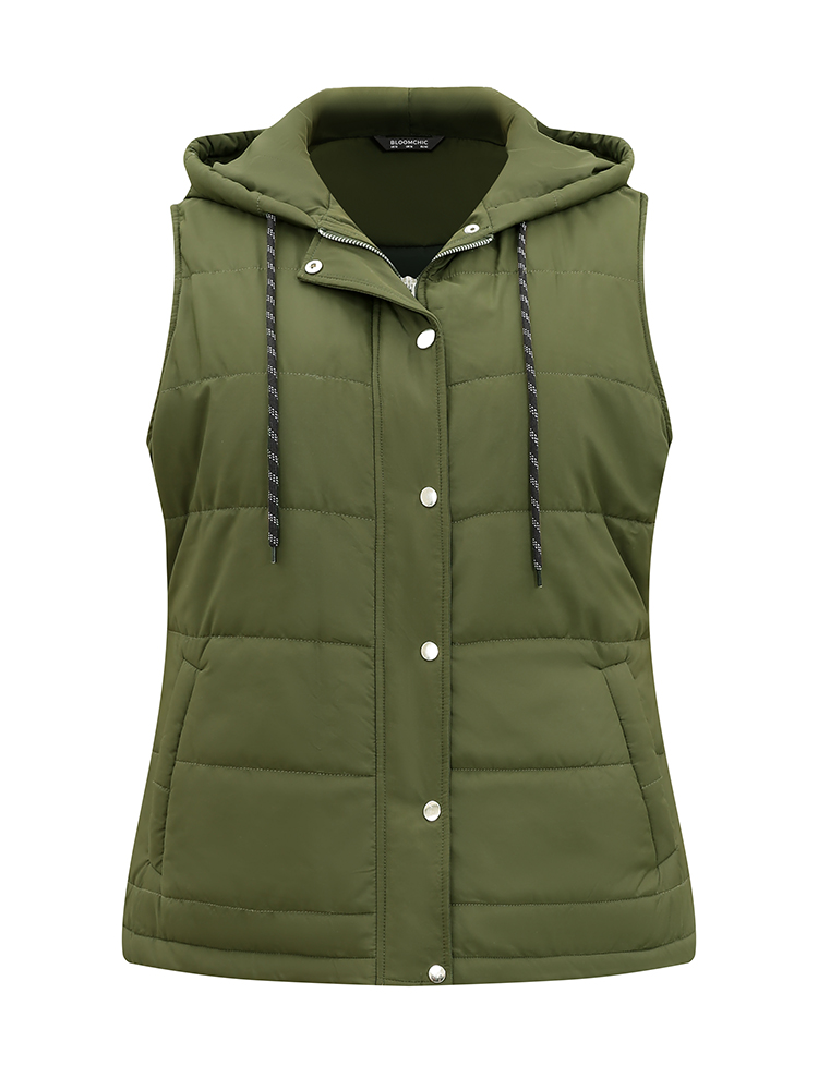 

Plus Size Plain Button Up Zipper Padded Vest ArmyGreen Casual Lined Dailywear Vests  Bloomchic