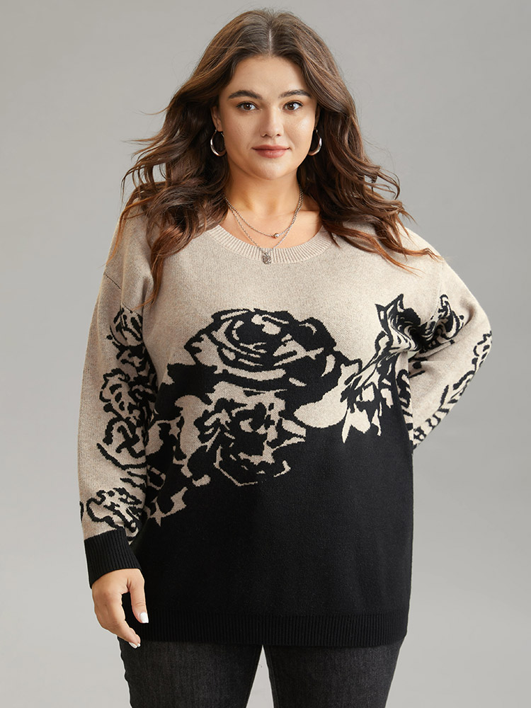

Plus Size Supersoft Essentials Rose Jacquard Contrast Pullover Black Women Casual Loose Long Sleeve Round Neck Dailywear Pullovers BloomChic