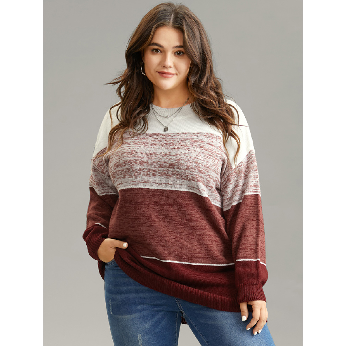 

Plus Size Heather Colorblock Contrast Knit Pullover Russet Women Casual Loose Long Sleeve Round Neck Dailywear Pullovers BloomChic