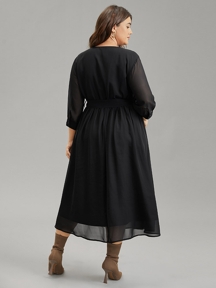 Plus Size Women Dailywear Plain Lined Regular Sleeve Elbow-length sleeve V-neck Pocket Belt Elegant Dresses BloomChic 