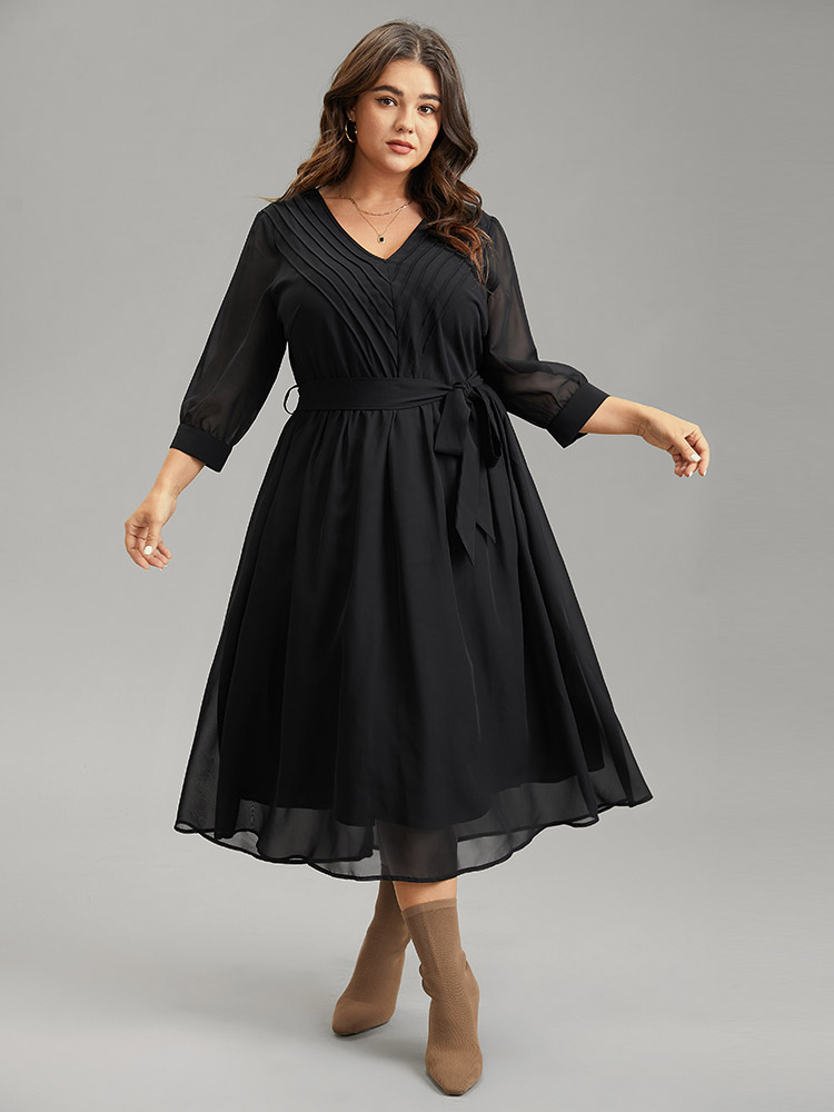 

Plus Size Mesh Patchwork Belted Pleated Dress Black Women Lined V-neck Elbow-length sleeve Curvy Midi Dress BloomChic