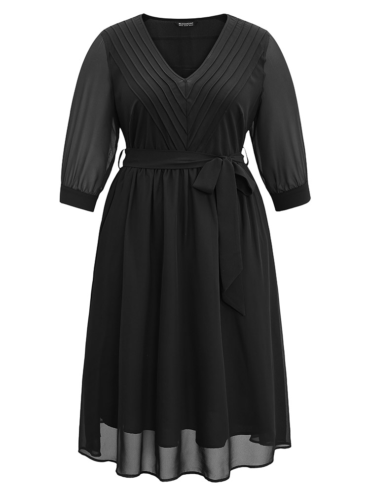 Plus Size Women Dailywear Plain Lined Regular Sleeve Elbow-length sleeve V-neck Pocket Belt Elegant Dresses BloomChic 