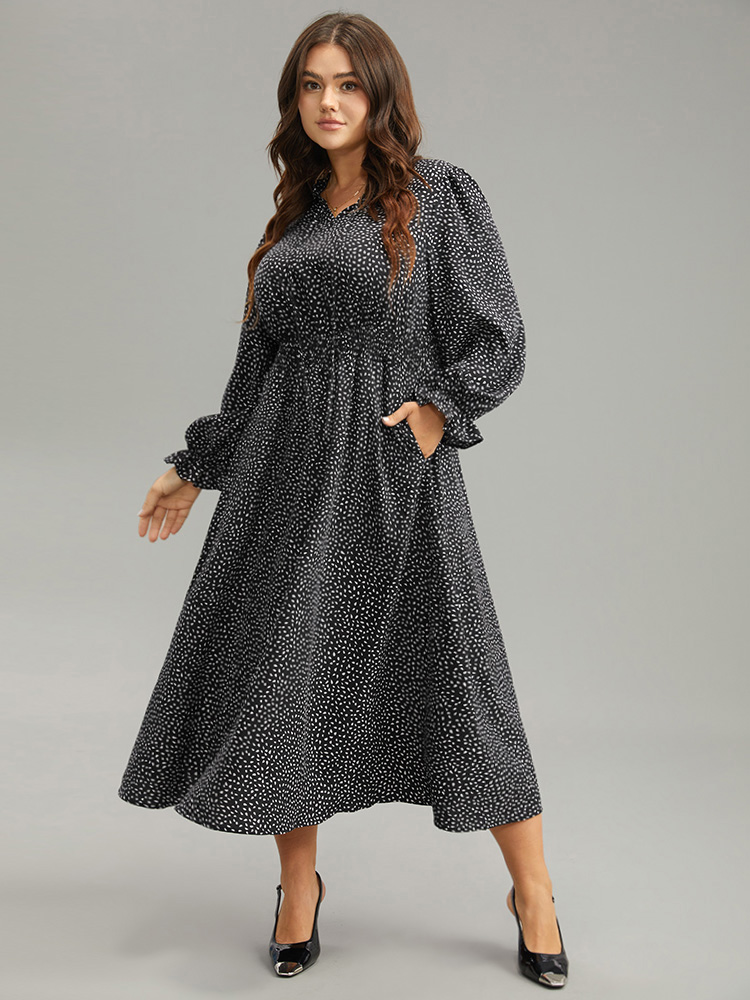 Plus Size Water Drop Print Shirred Frill Trim Tie Neck Dress BlackFlower Women Office Cross straps Tie Neck Long Sleeve Curvy Midi Dress BloomChic 10/M 