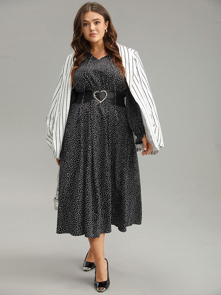 Plus Size Water Drop Print Shirred Frill Trim Tie Neck Dress BlackFlower Women Office Cross straps Tie Neck Long Sleeve Curvy Midi Dress BloomChic 10/M 