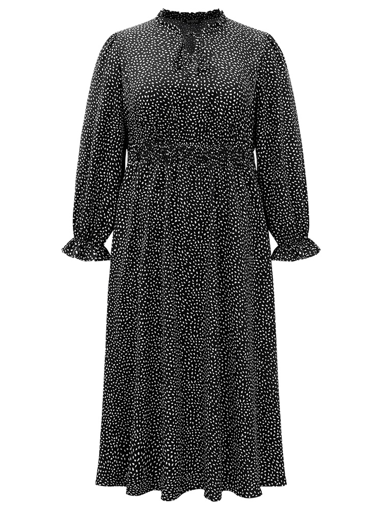 Plus Size Water Drop Print Shirred Frill Trim Tie Neck Dress BlackFlower Women Office Cross straps Tie Neck Long Sleeve Curvy Midi Dress BloomChic 10/M 