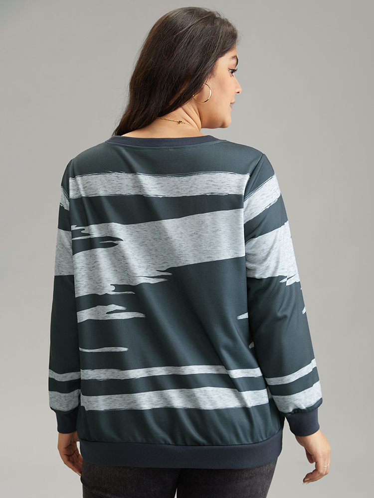 Plus Size Brush Print Rib Knit Contrast Sweatshirt Women Multicolor Casual Rib Knit Round Neck Dailywear Sweatshirts BloomChic 18-20/2X 