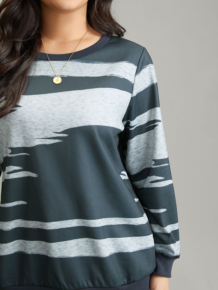 Plus Size Brush Print Rib Knit Contrast Sweatshirt Women Multicolor Casual Rib Knit Round Neck Dailywear Sweatshirts BloomChic 18-20/2X 