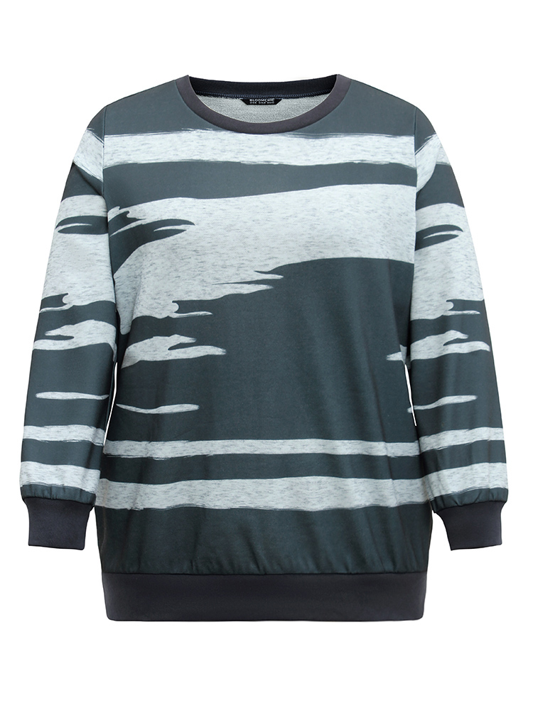 Plus Size Brush Print Rib Knit Contrast Sweatshirt Women Multicolor Casual Rib Knit Round Neck Dailywear Sweatshirts BloomChic 18-20/2X 