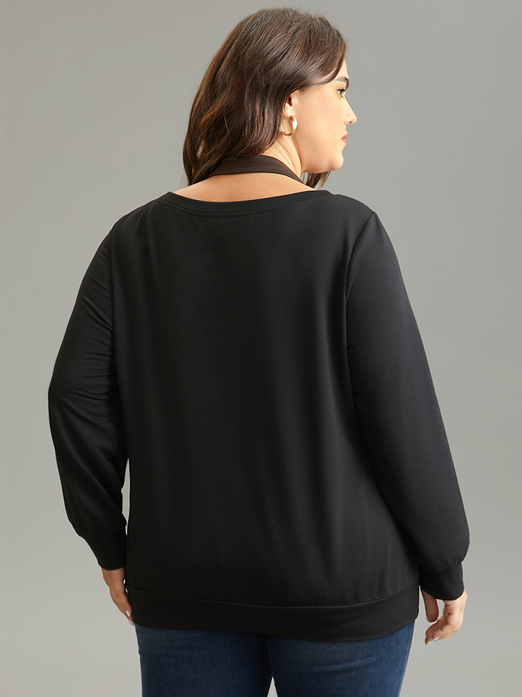 Plus Size Halter 2-In-1 Patchwork Sweatshirt Women Black Casual Plain Halter neck Everyday Sweatshirts BloomChic 14-16/1X 