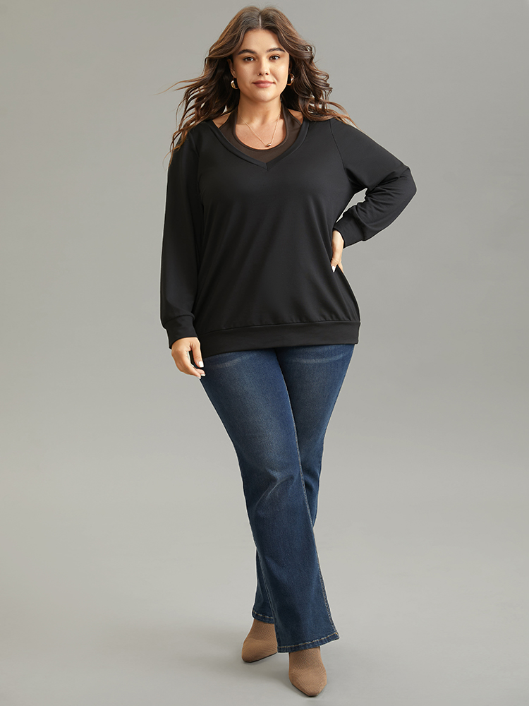 Plus Size Halter 2-In-1 Patchwork Sweatshirt Women Black Casual Plain Halter neck Everyday Sweatshirts BloomChic 14-16/1X 