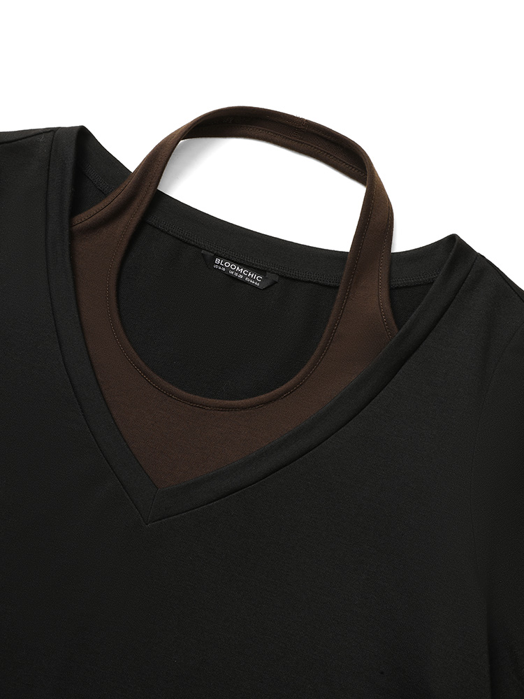 Plus Size Halter 2-In-1 Patchwork Sweatshirt Women Black Casual Plain Halter neck Everyday Sweatshirts BloomChic 14-16/1X 