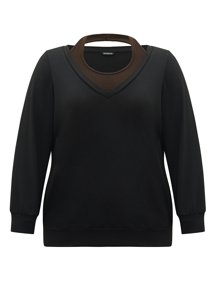 Plus Size Halter 2-In-1 Patchwork Sweatshirt Women Black Casual Plain Halter neck Everyday Sweatshirts BloomChic 14-16/1X 