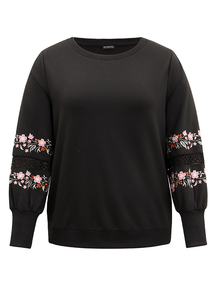 Plus Size Floral Embroidered Lace Insert Sweatshirt Women Black Elegant Lace Round Neck Dailywear Sweatshirts BloomChic 12/L 