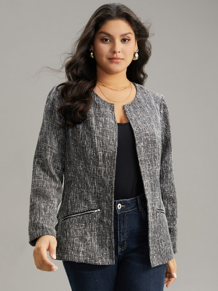 

Plus Size Tweed Open Front Patchwork Zipper Blazer Black Women Dailywear Plain Texture Sleeve Long Sleeve Open Front  Pocket Elegant Blazers BloomChic