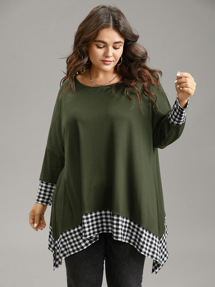 Plus Size Women Everyday Gingham Patchwork Dolman Sleeve Long Sleeve Round Neck Casual T-shirts BloomChic 