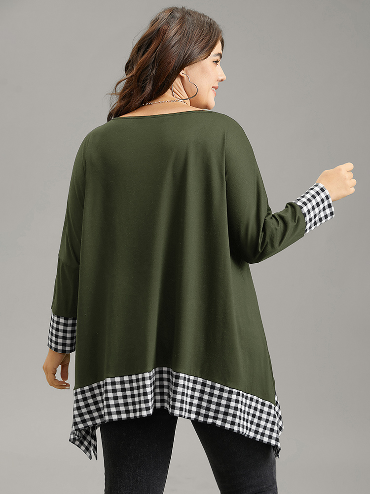 Plus Size Women Everyday Gingham Patchwork Dolman Sleeve Long Sleeve Round Neck Casual T-shirts BloomChic 