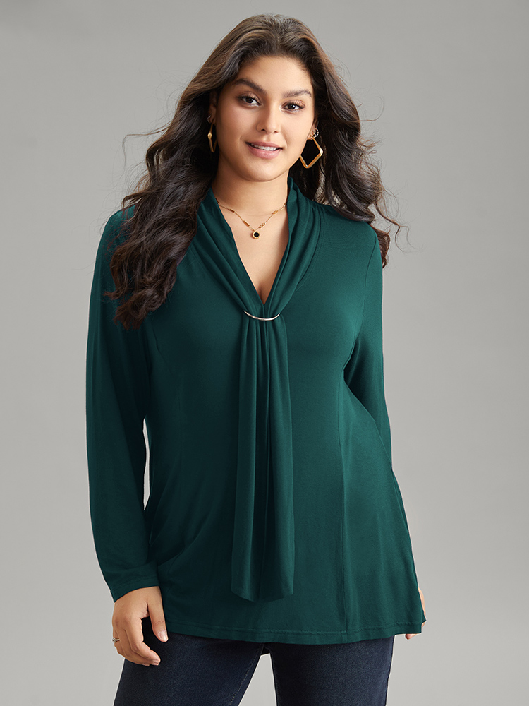 

Plus Size Supersoft Essentials Plain Metal Buckle Detail T-shirt DarkGreen V-neck Long Sleeve At the Office Jersey Tops