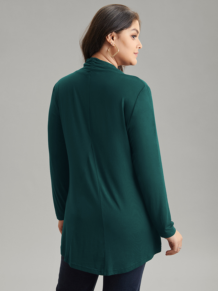 

Plus Size Supersoft Essentials Plain Metal Buckle Detail T-shirt DarkGreen V-neck Long Sleeve At the Office Jersey Tops