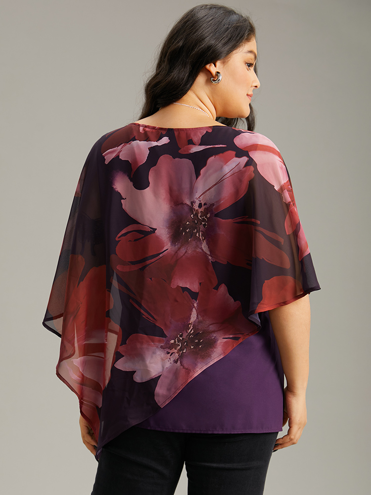 Plus Size Purple Floral Mesh Asymmetrical Dolman Sleeve Blouse Women Glamour Short sleeve Round Neck Going out Blouses BloomChic 22-24/3X 