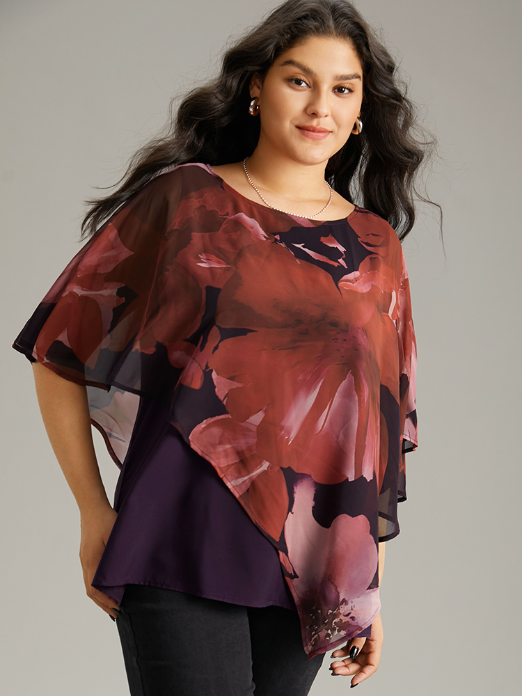 Plus Size Purple Floral Mesh Asymmetrical Dolman Sleeve Blouse Women Glamour Short sleeve Round Neck Going out Blouses BloomChic 22-24/3X 