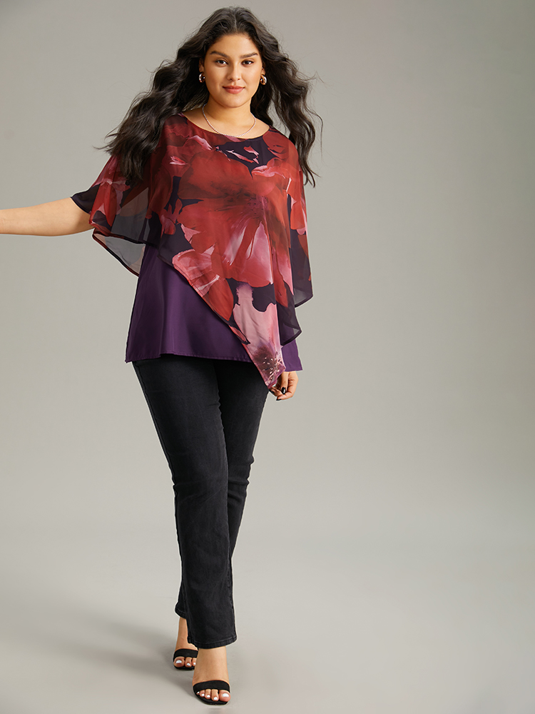 Plus Size Purple Floral Mesh Asymmetrical Dolman Sleeve Blouse Women Glamour Short sleeve Round Neck Going out Blouses BloomChic 22-24/3X 