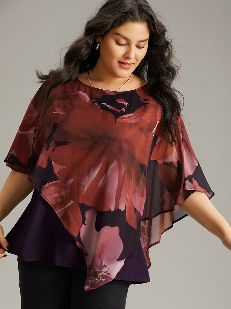 

Plus Size Purple Floral Mesh Asymmetrical Dolman Sleeve Blouse Women Glamour Short sleeve Round Neck Going out Blouses BloomChic