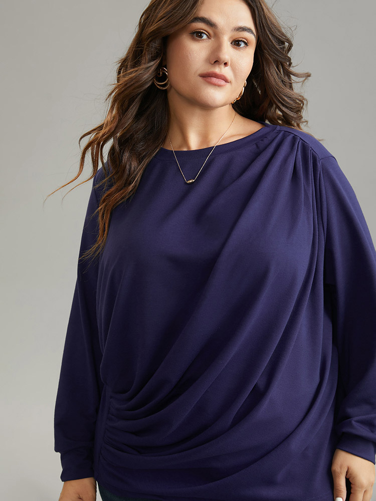 Plus Size Women Everyday Plain Pleated Regular Regular Sleeve Long Sleeve Round Neck Casual Sweatshirts BloomChic 