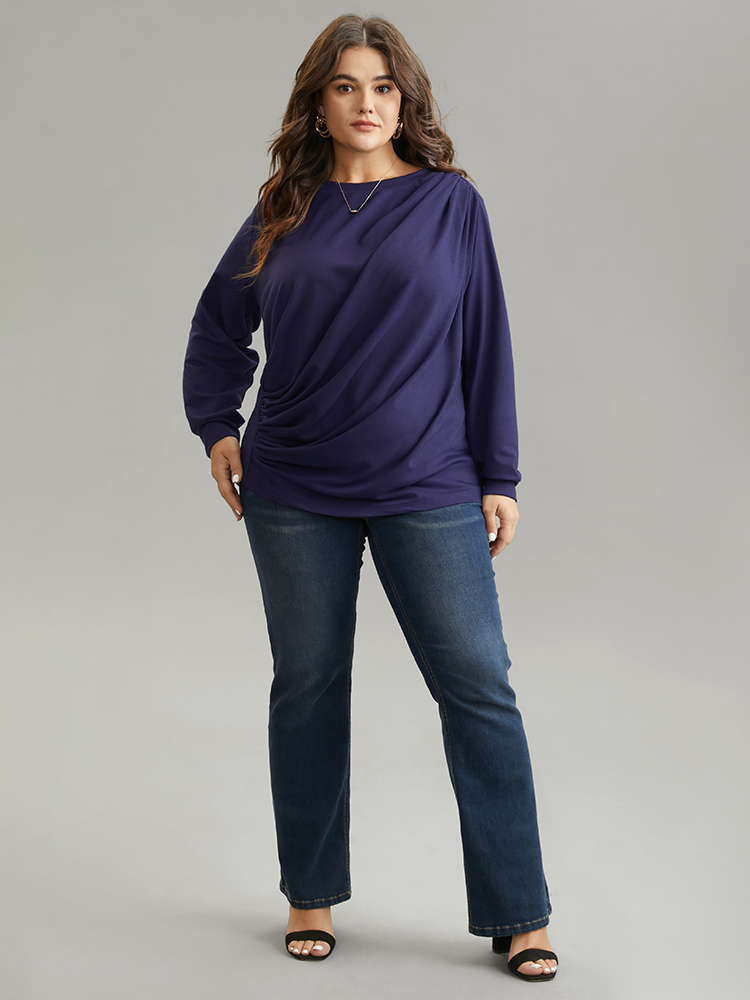 Plus Size Women Everyday Plain Pleated Regular Regular Sleeve Long Sleeve Round Neck Casual Sweatshirts BloomChic 
