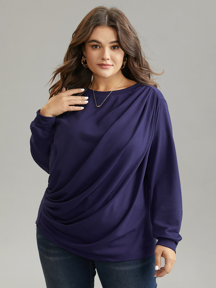 Plus Size Women Everyday Plain Pleated Regular Regular Sleeve Long Sleeve Round Neck Casual Sweatshirts BloomChic 
