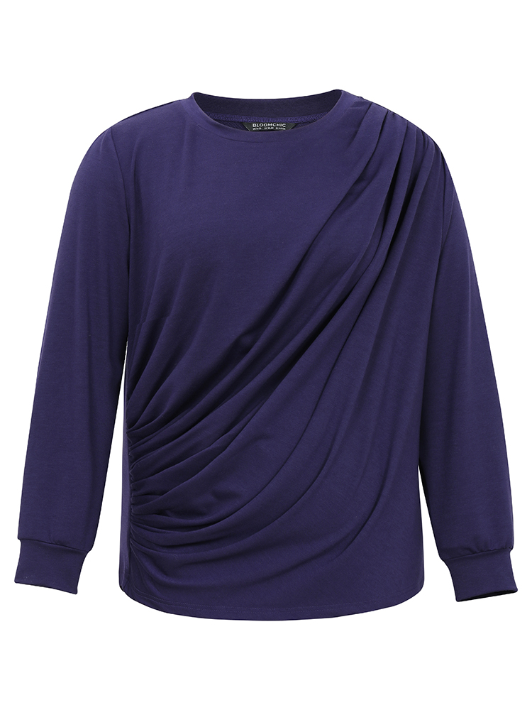 Plus Size Women Everyday Plain Pleated Regular Regular Sleeve Long Sleeve Round Neck Casual Sweatshirts BloomChic 