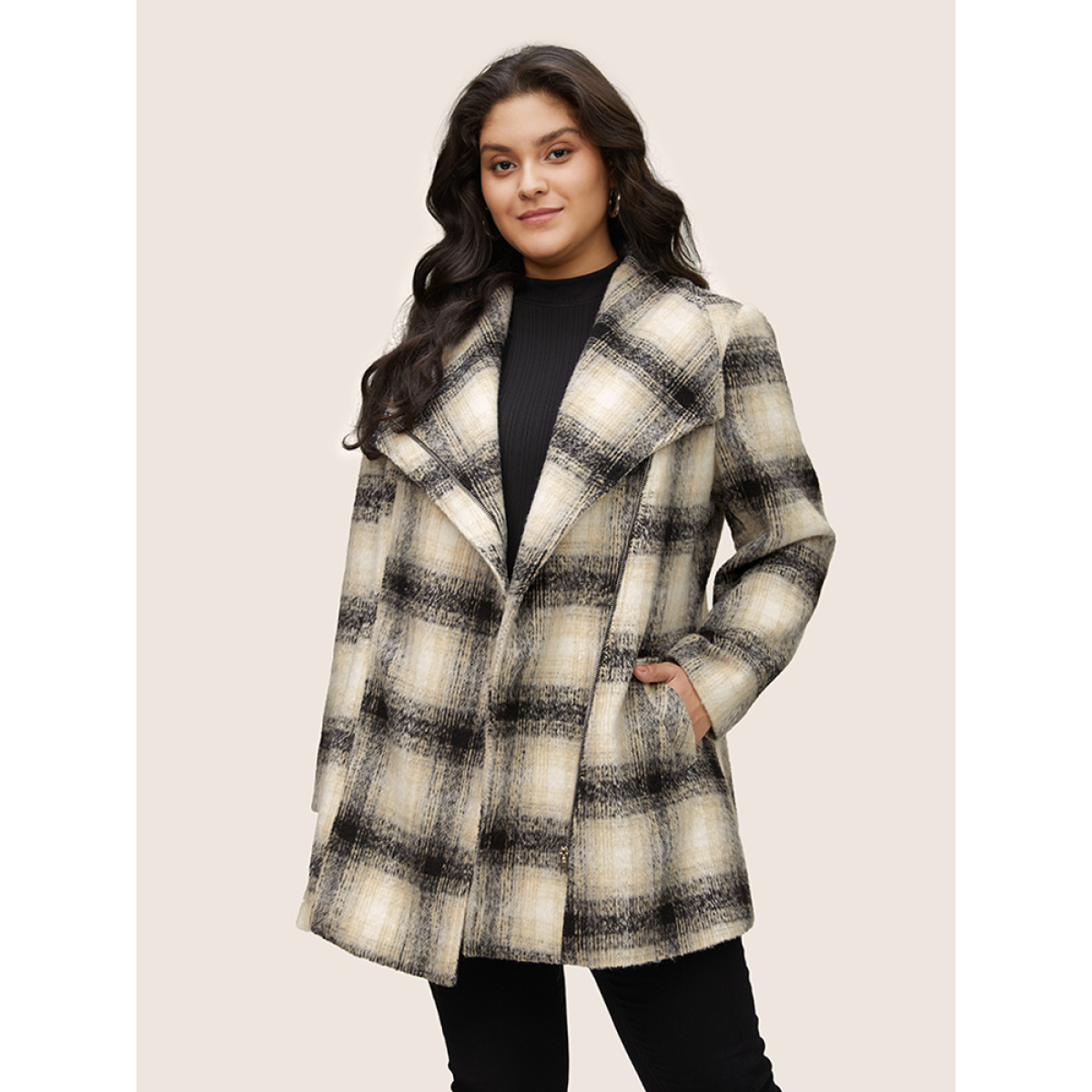 

Plus Size Plaid Contrast Belted Lapel Collar Coat Women Black Casual Lined Ladies Dailywear Winter Coats BloomChic