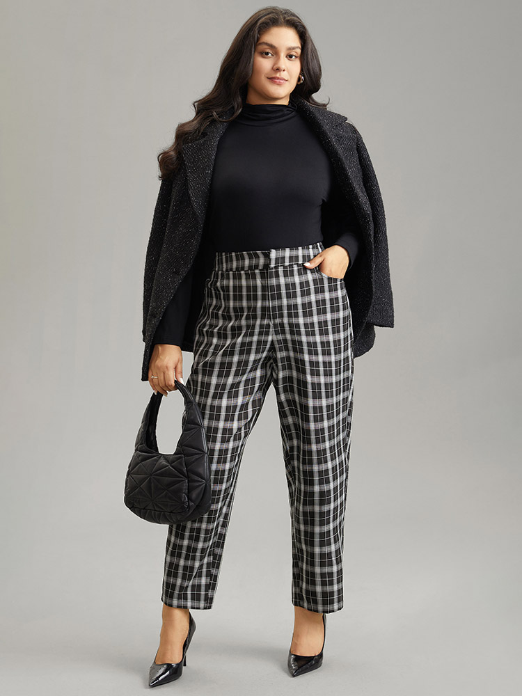 Plus Size Women Work Plaid Elastic Waist High Rise Pocket Office Pants BloomChic 