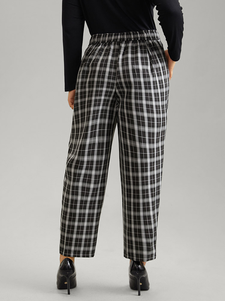 Plus Size Women Work Plaid Elastic Waist High Rise Pocket Office Pants BloomChic 
