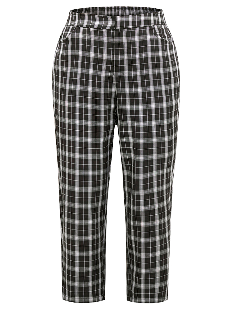 Plus Size Women Work Plaid Elastic Waist High Rise Pocket Office Pants BloomChic 