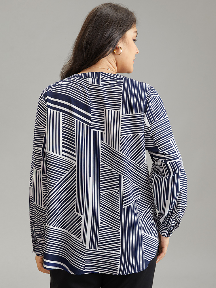 

Plus Size Indigo Asymmetrical Striped Notched Tab Sleeve Blouse Women Office Long Sleeve Shirt collar Work Blouses BloomChic