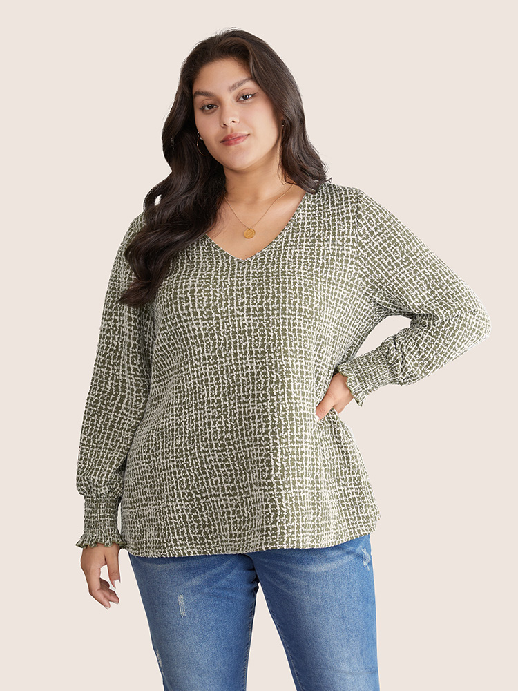 

Plus Size Rib Knit Shirred Texture V Neck T-shirt Green Women Casual Texture Plain V-neck Dailywear T-shirts BloomChic