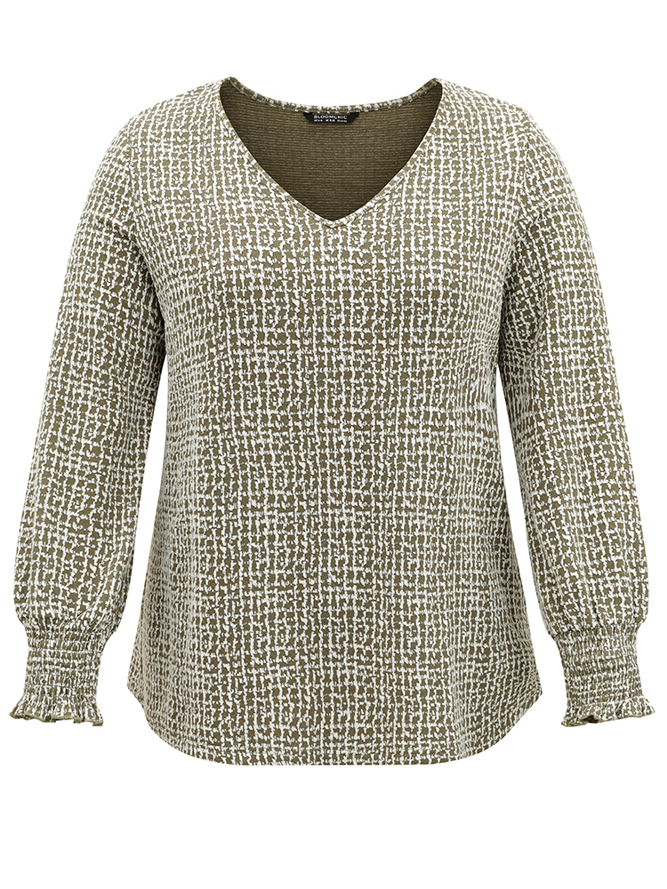 Plus Size Women Dailywear Plain Texture Lantern Sleeve Long Sleeve V-neck Casual T-shirts BloomChic 