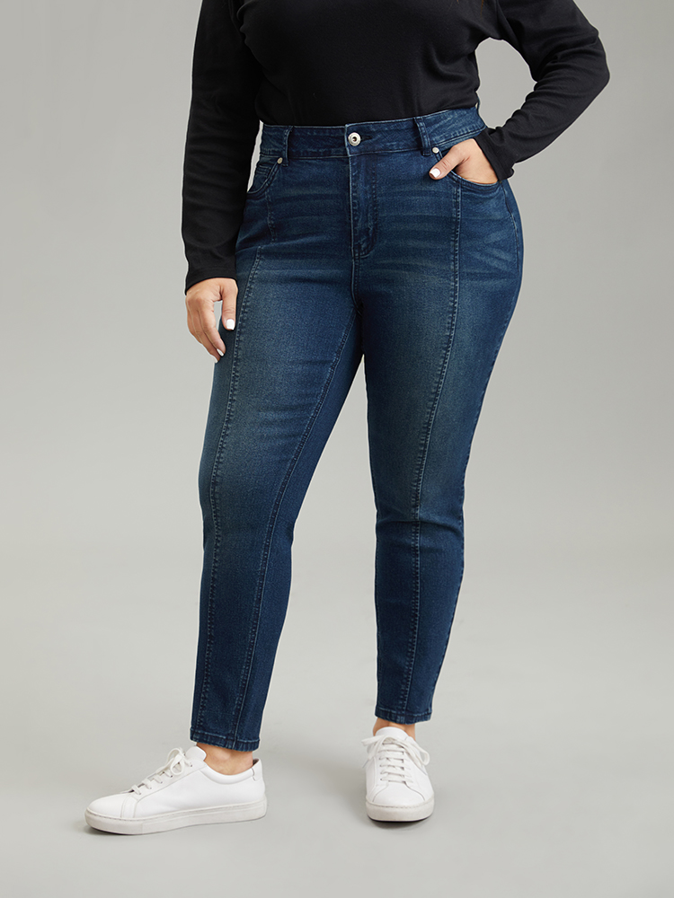 

Plus Size Seam Front Dark Wash Skinny Jeans Women Indigo Casual Plain Plain High stretch Pocket Jeans BloomChic