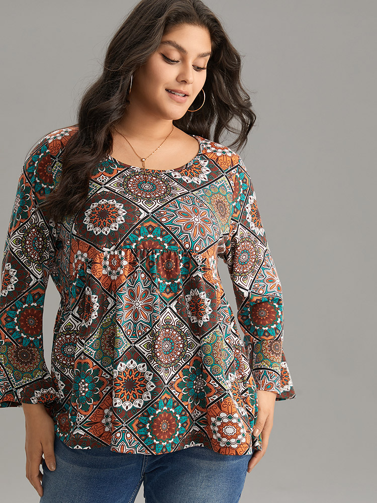 

Plus Size Moroccan Print Crew Neck Bell Sleeve T-shirt Multicolor Round Neck Long Sleeve Resort Jersey Tops