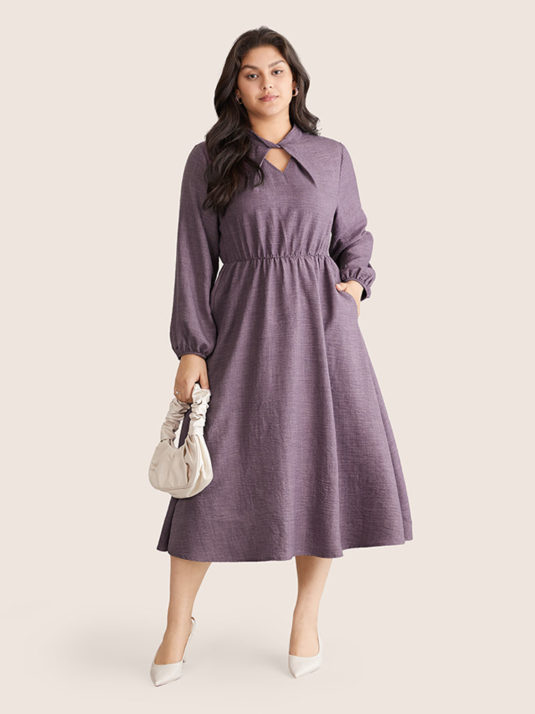 

Plus Size Static-Free Elastic Waist Twist Neck Lantern Sleeve Dress Mauve Women Office Elastic cuffs Keyhole Cut-Out Long Sleeve Curvy Midi Dress BloomChic