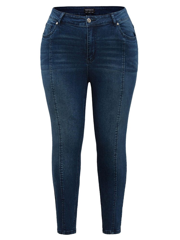 

Plus Size Seam Front Dark Wash Skinny Jeans Women Indigo Casual Plain Plain High stretch Pocket Jeans BloomChic