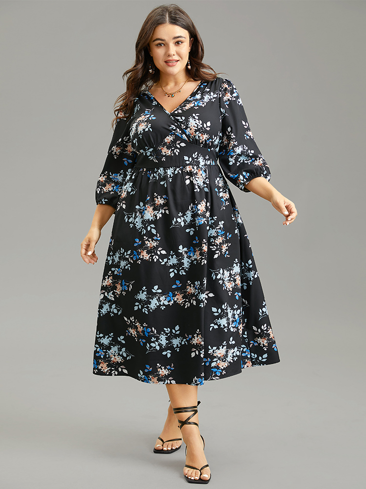 

Plus Size Floral Wrap Gathered Lantern Sleeve Dress Multicolor Women Vacation Elastic cuffs Overlap Collar Elbow-length sleeve Curvy Midi Dress BloomChic