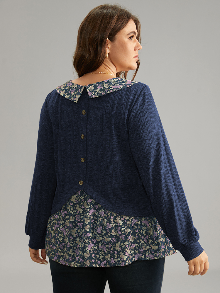 

Plus Size Ditsy Floral Patchwork Button Detail Lapel Collar T-shirt Indigo Peter Pan collar Long Sleeve Elegant Jersey Tops