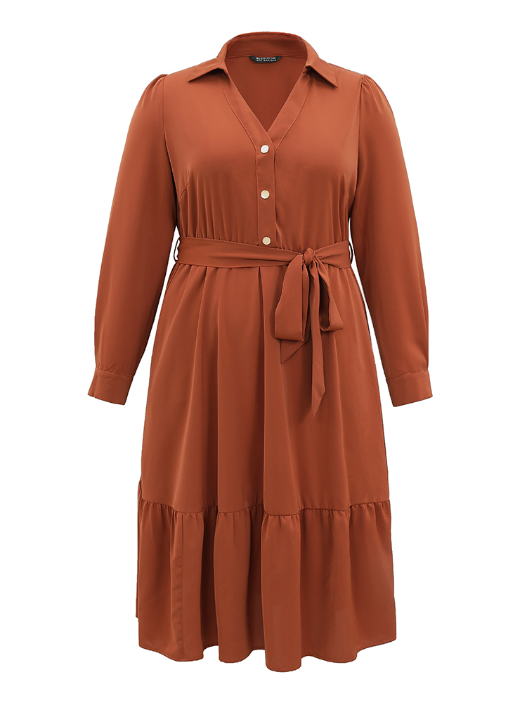 

Plus Size Anti-Wrinkle Patchwork Button Up Belted Dress Rust Women Plain Lapel Collar Long Sleeve Curvy Midi Dress BloomChic