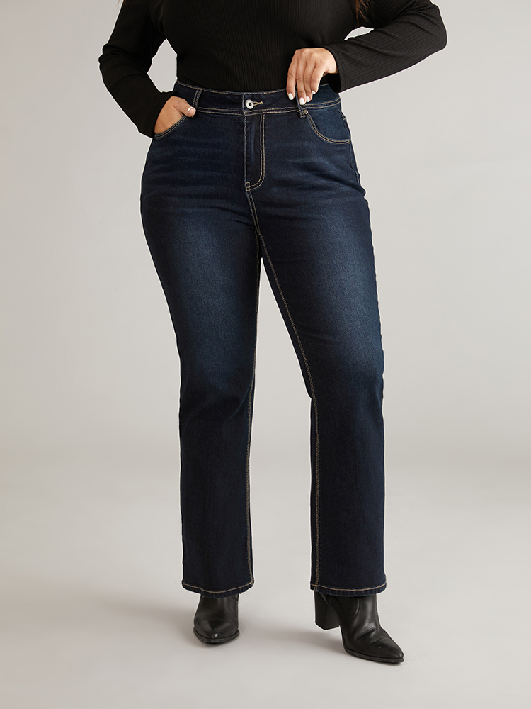 Plus Size Women Everyday Plain High stretch Straight Leg Dark Wash Casual Jeans BloomChic 