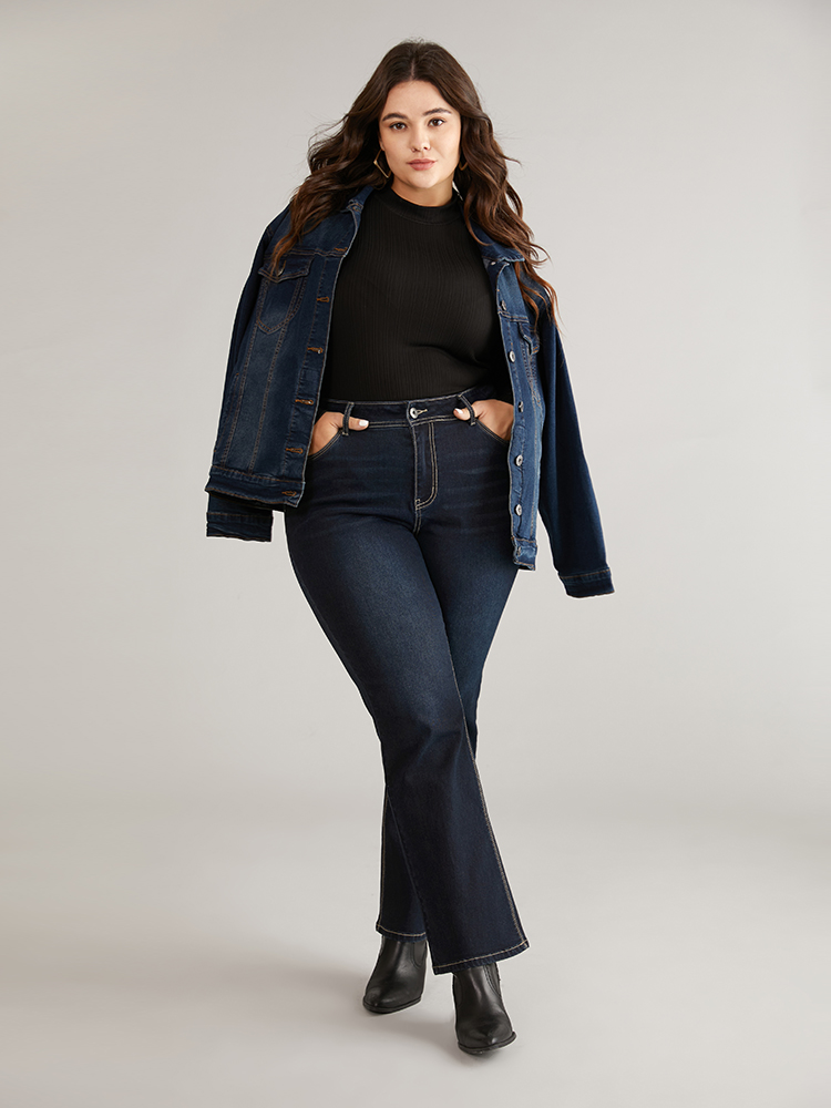 Plus Size Women Everyday Plain High stretch Straight Leg Dark Wash Casual Jeans BloomChic 